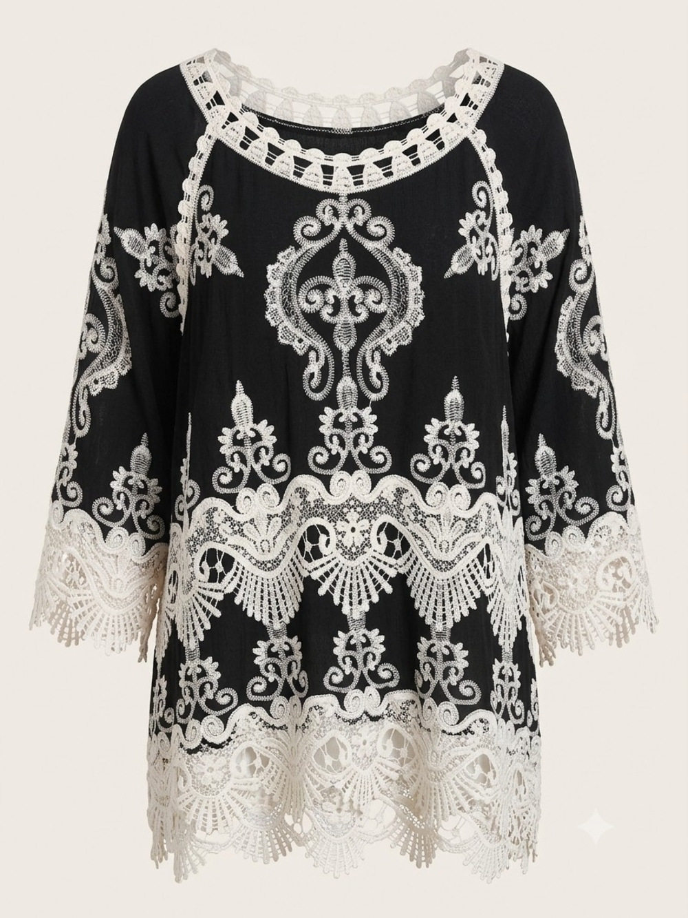 Black Tunic with Cream Lace Embroidery - Women - Picture 2 of 14